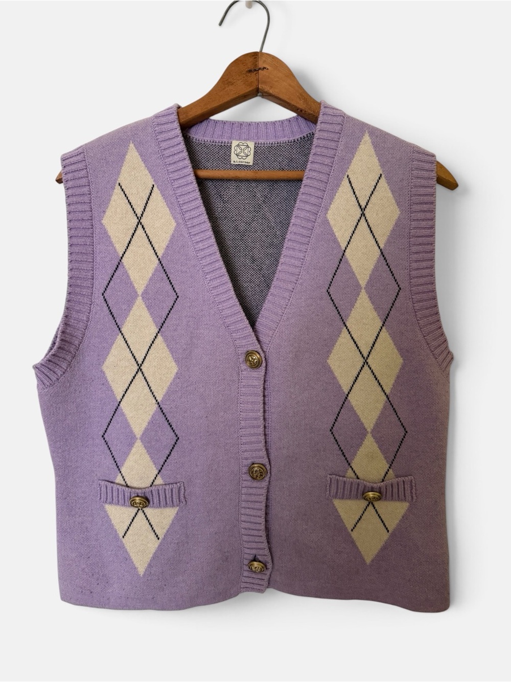 Lavender Argyle Knit Button-Up Wool Vest
